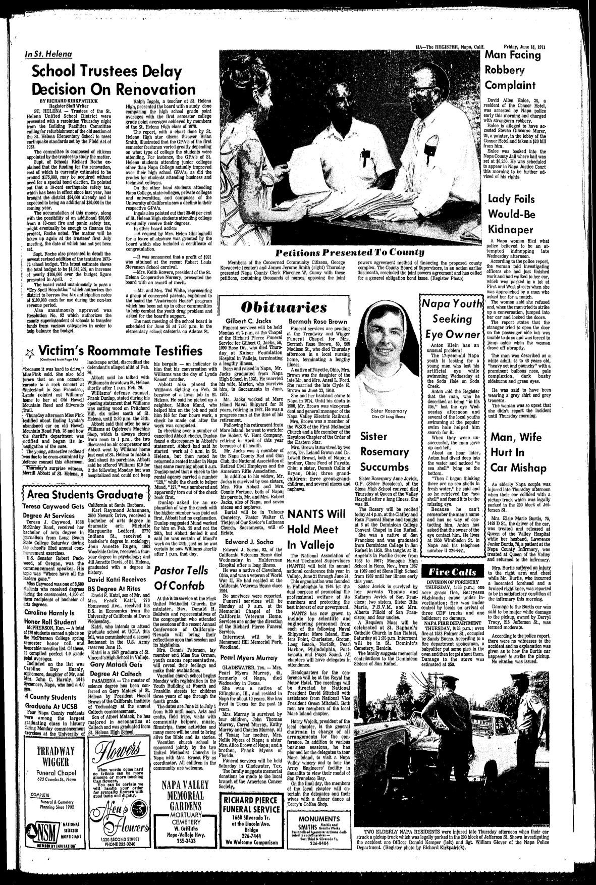 Willie the Woodcutter murder and Napa Register coverage: 06/18/71 Page 13A